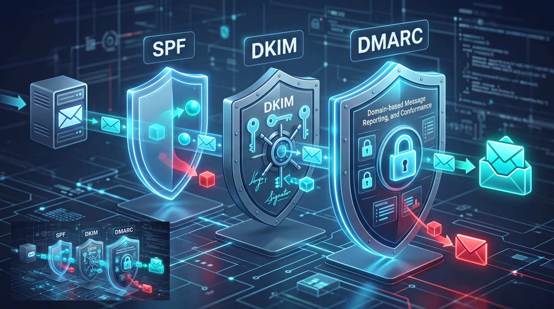 Diagram showing three security shields labeled SPF, DKIM, and DMARC protecting against spoofed emails.