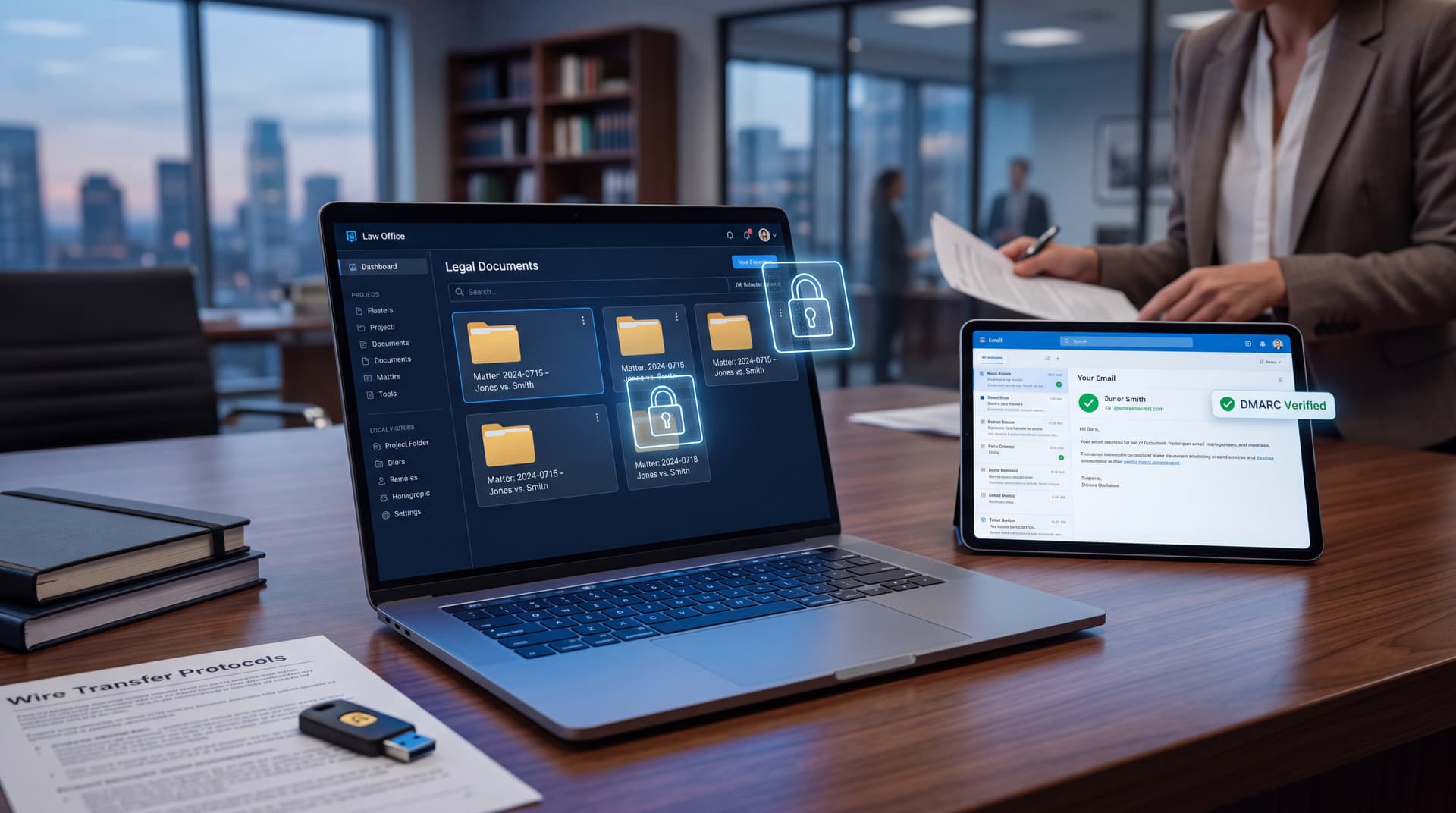 A modern law firm desk displaying secure file management and email security dashboards.