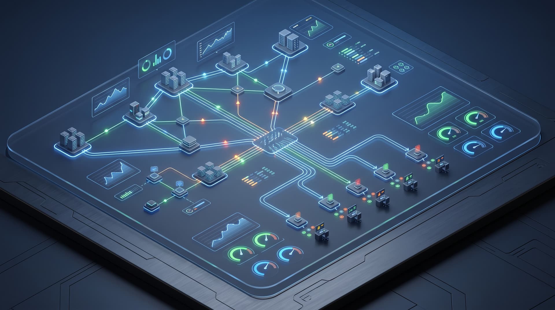 Conceptual dashboard art illustrating network telemetry monitoring nodes and structured incident escalation workflows.