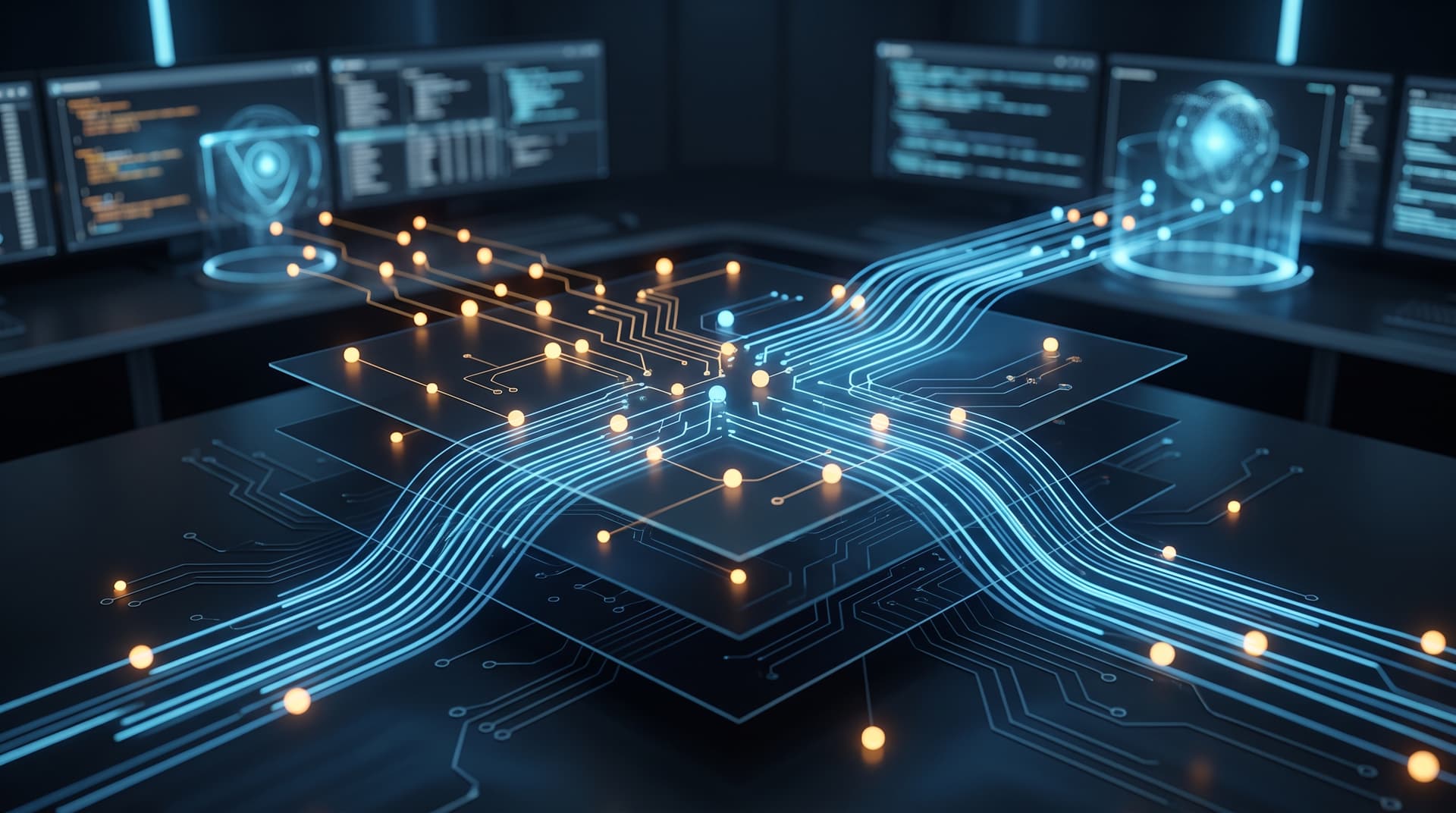 Dark professional security operations center abstract visual with glowing blue and amber network nodes.