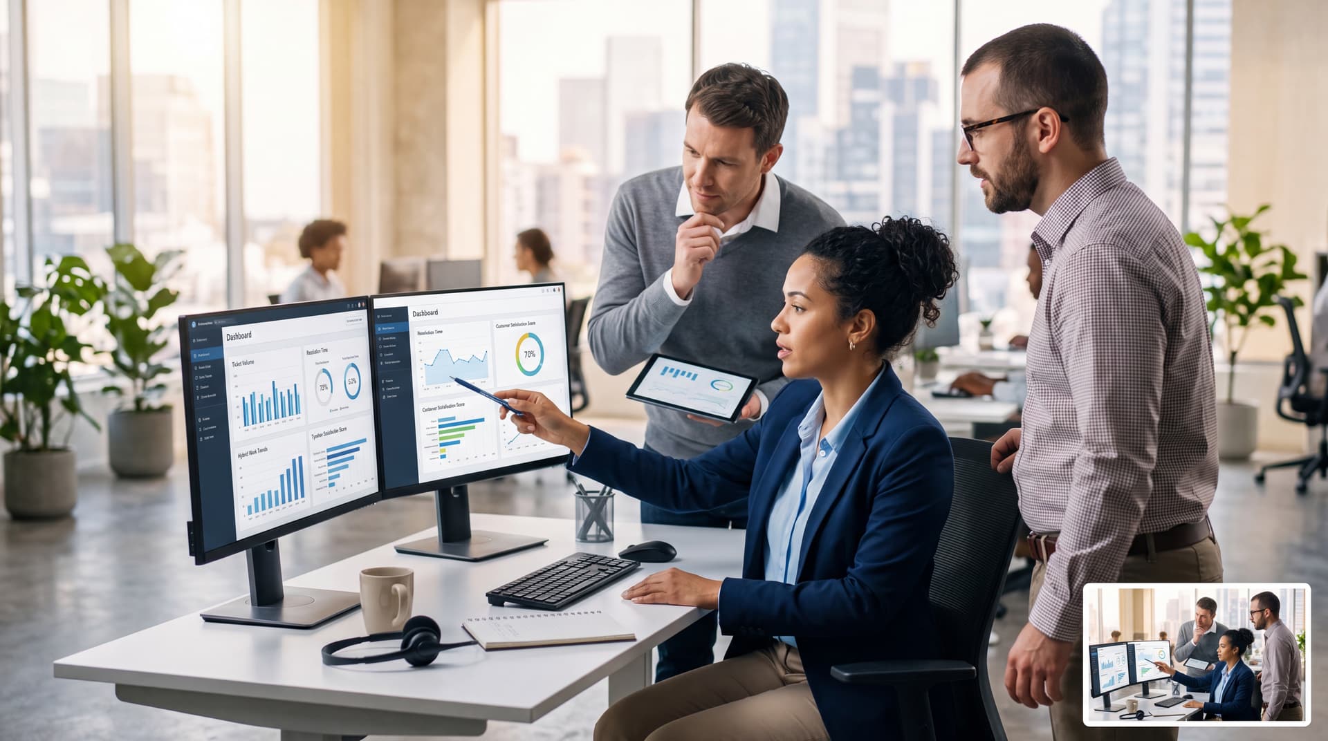IT support team collaborating in a modern office viewing help desk performance metrics.